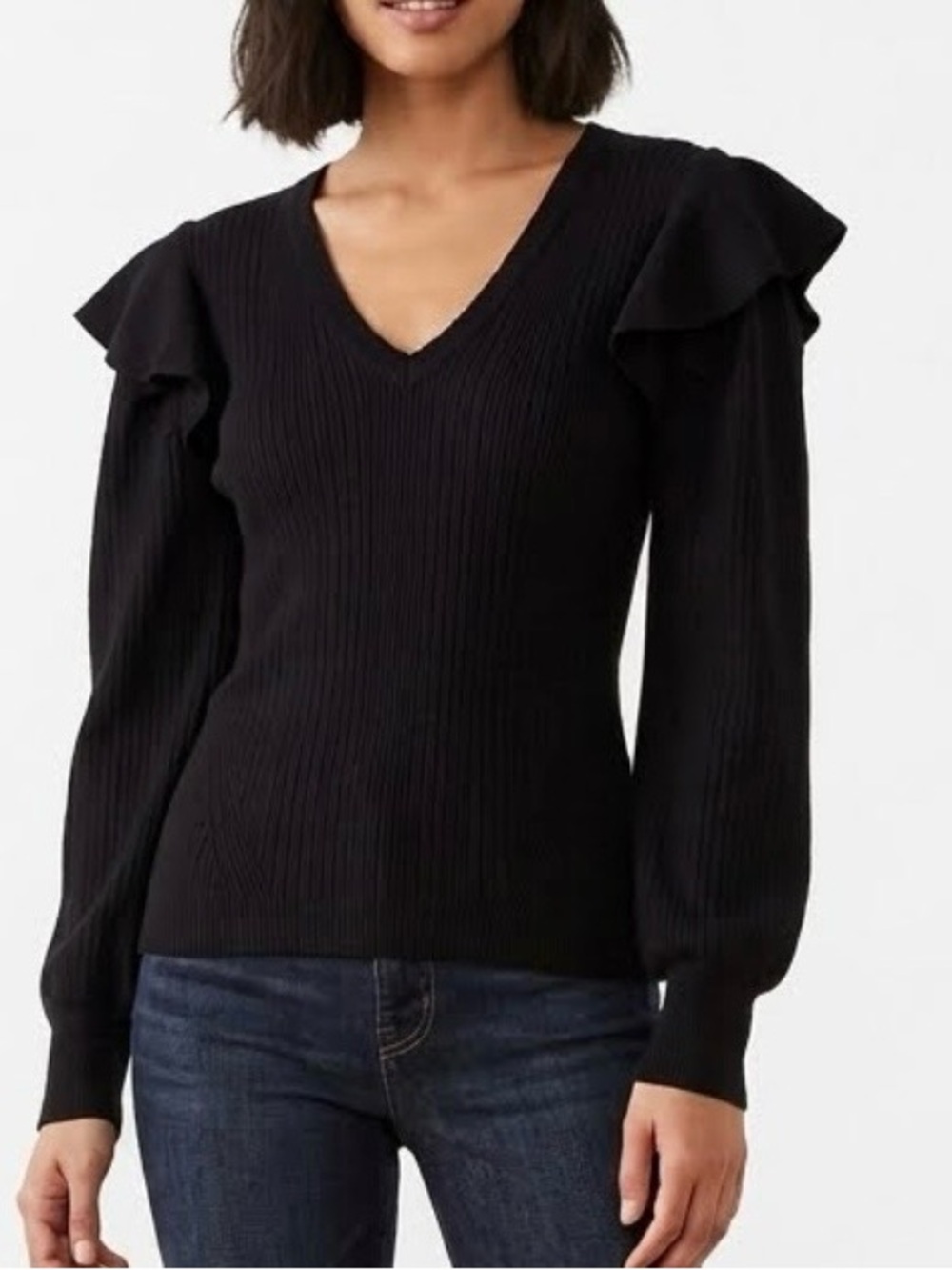 H Halston‎ Women's Ruffle Shoulder Sweater Long Sleeve V-Neck Size S/P Black
